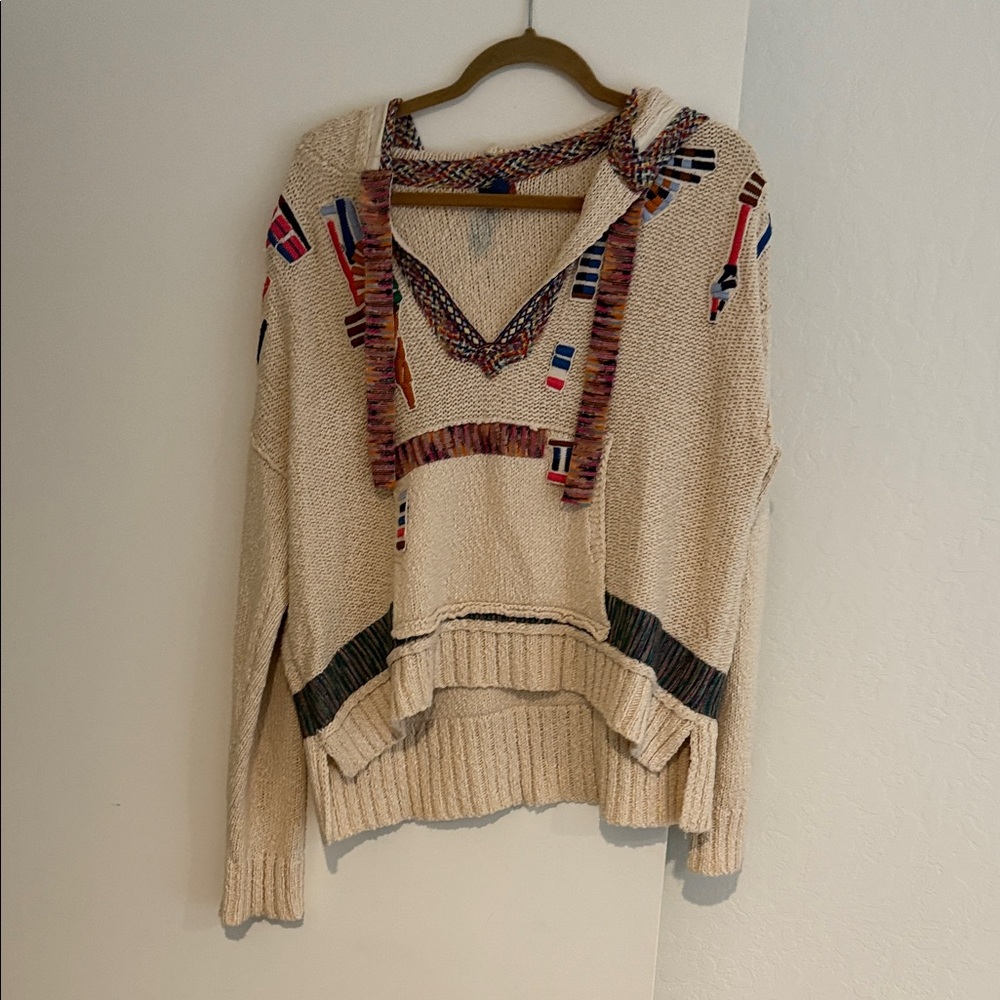 Pilcro Cream V-Neck Sweater with Multicolor Details